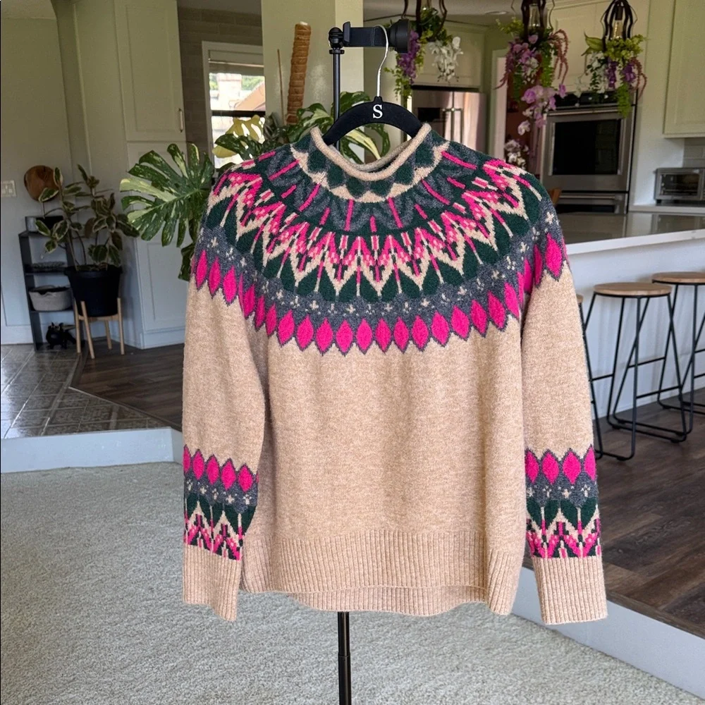 CeCe Beige Cowlneck Sweater with Pink & Dark Green Fair Isle Yoke - Picture 1 of 3